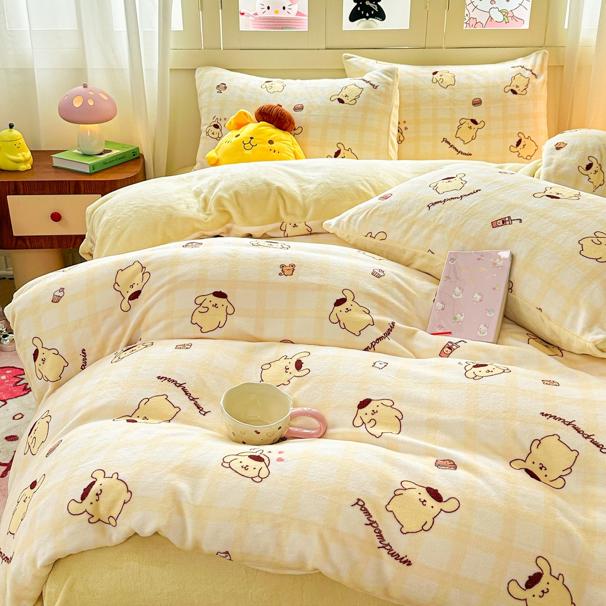 91家纺网 家纺一手货源 找家纺 博雅 2025新款三丽鸥正版授权高克重牛奶绒小版四件套提供买家秀 牛奶绒小版-美食布丁狗