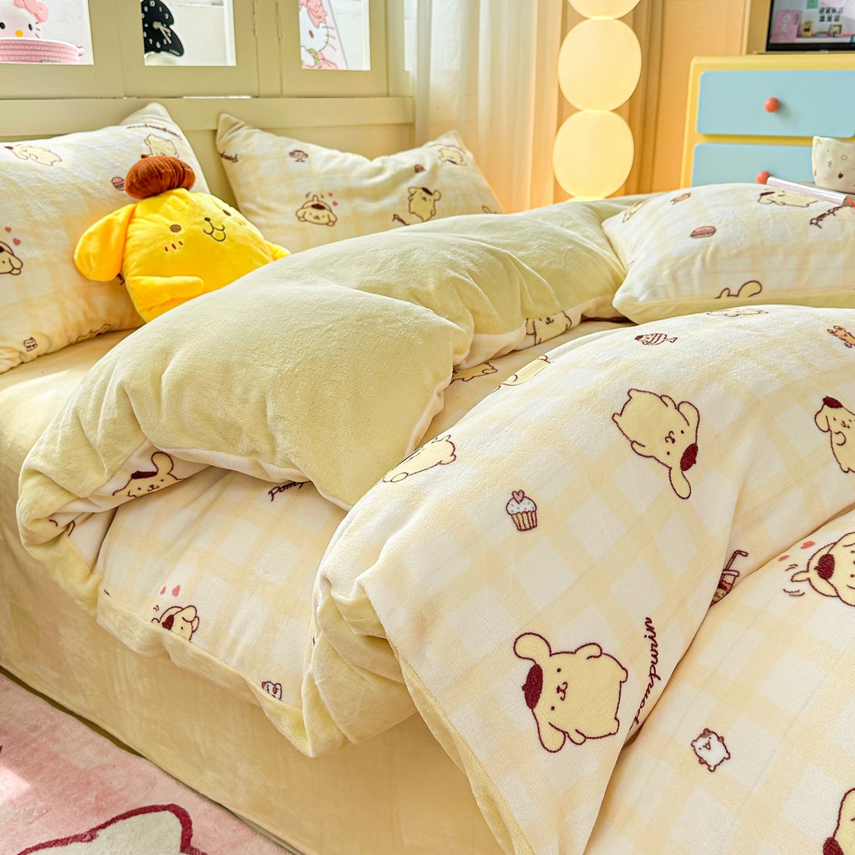 91家纺网 家纺一手货源 找家纺 博雅 2025新款三丽鸥正版授权高克重牛奶绒小版四件套提供买家秀 牛奶绒小版-美食布丁狗