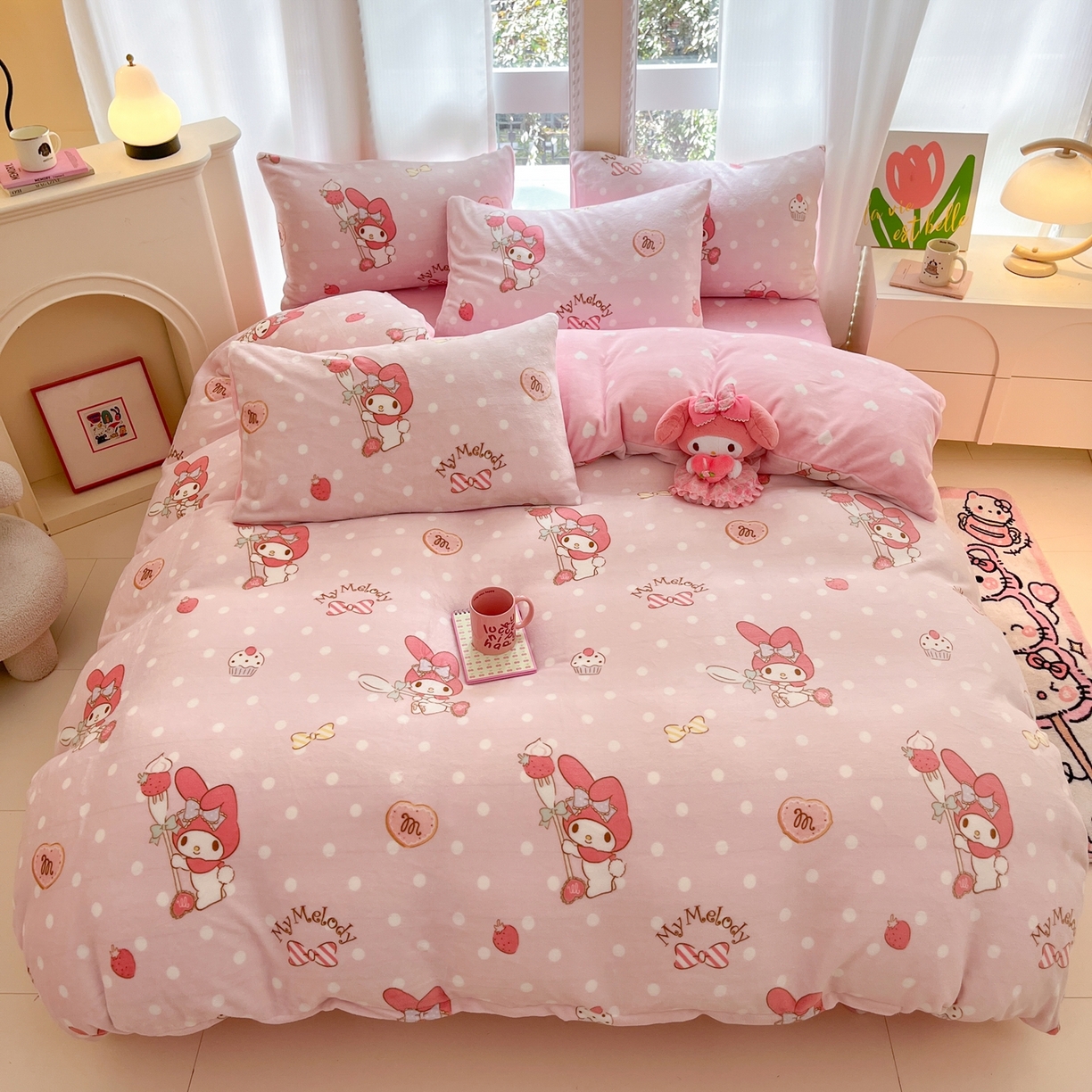 91家纺网 家纺一手货源 找家纺 博雅 2025新款三丽鸥正版授权高克重牛奶绒小版四件套提供买家秀 牛奶绒小版-奶油美乐蒂