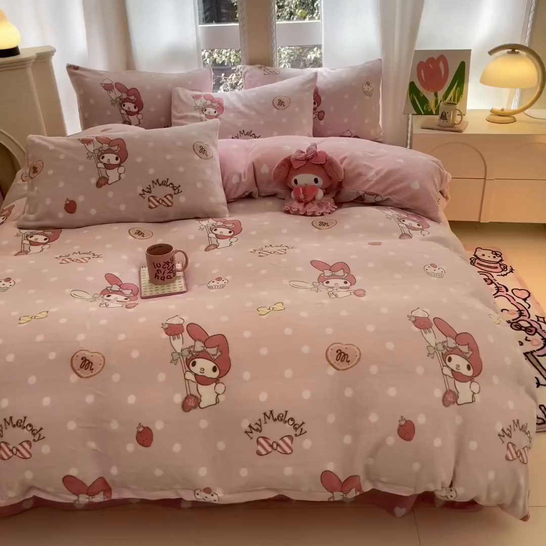 91家纺网 家纺一手货源 找家纺 博雅 2025新款三丽鸥正版授权高克重牛奶绒小版四件套提供买家秀 牛奶绒小版-奶油美乐蒂