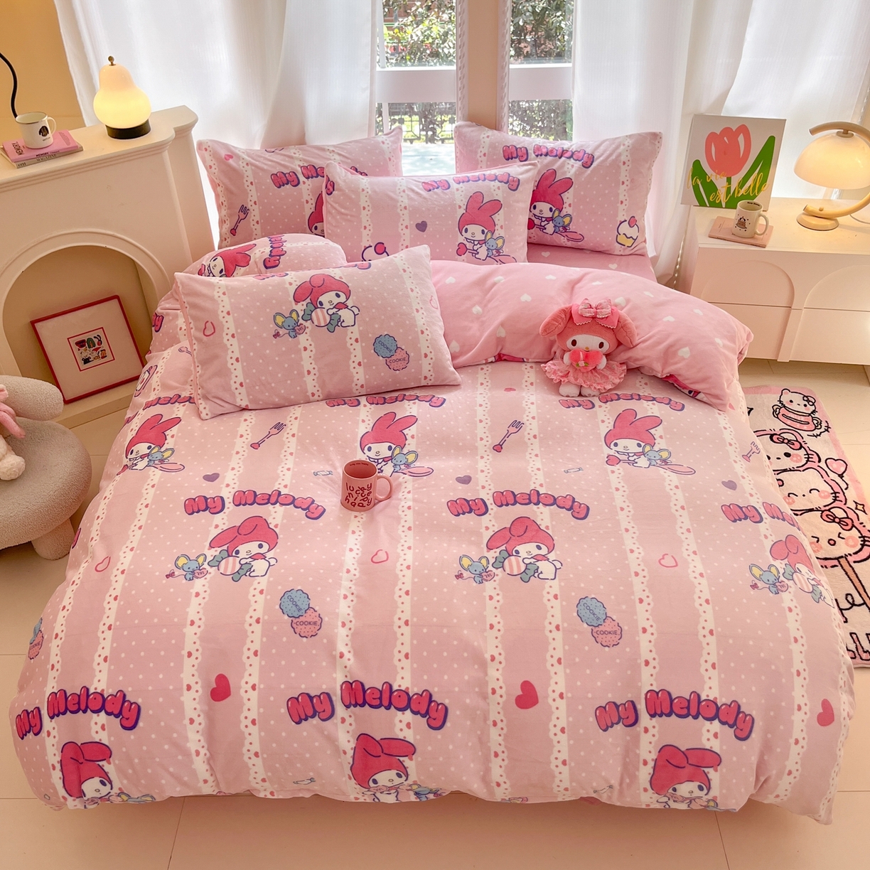 91家纺网 家纺一手货源 找家纺 博雅 2025新款三丽鸥正版授权高克重牛奶绒小版四件套提供买家秀 牛奶绒小版-贪吃美乐蒂专版花型