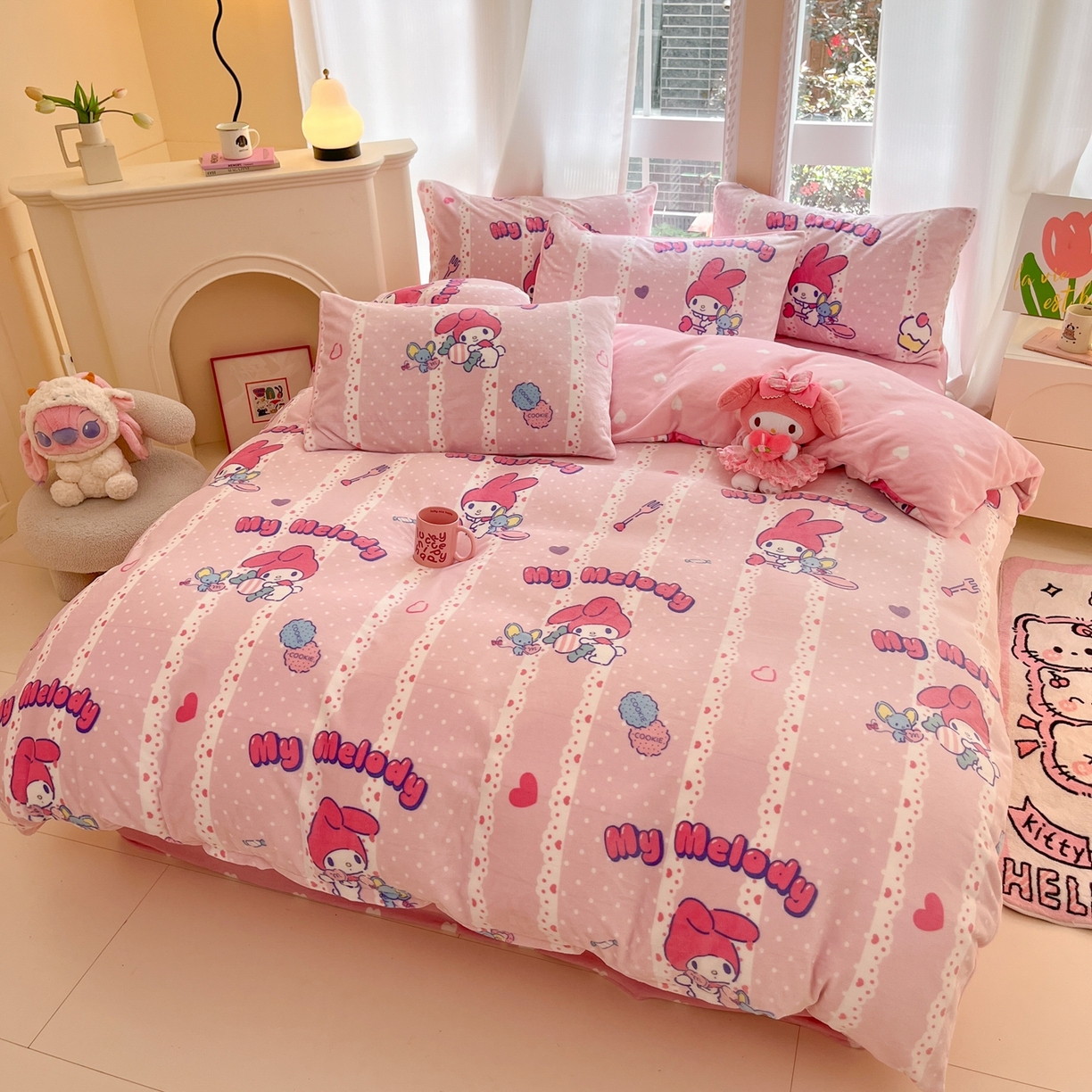 91家纺网 家纺一手货源 找家纺 博雅 2025新款三丽鸥正版授权高克重牛奶绒小版四件套提供买家秀 牛奶绒小版-贪吃美乐蒂专版花型