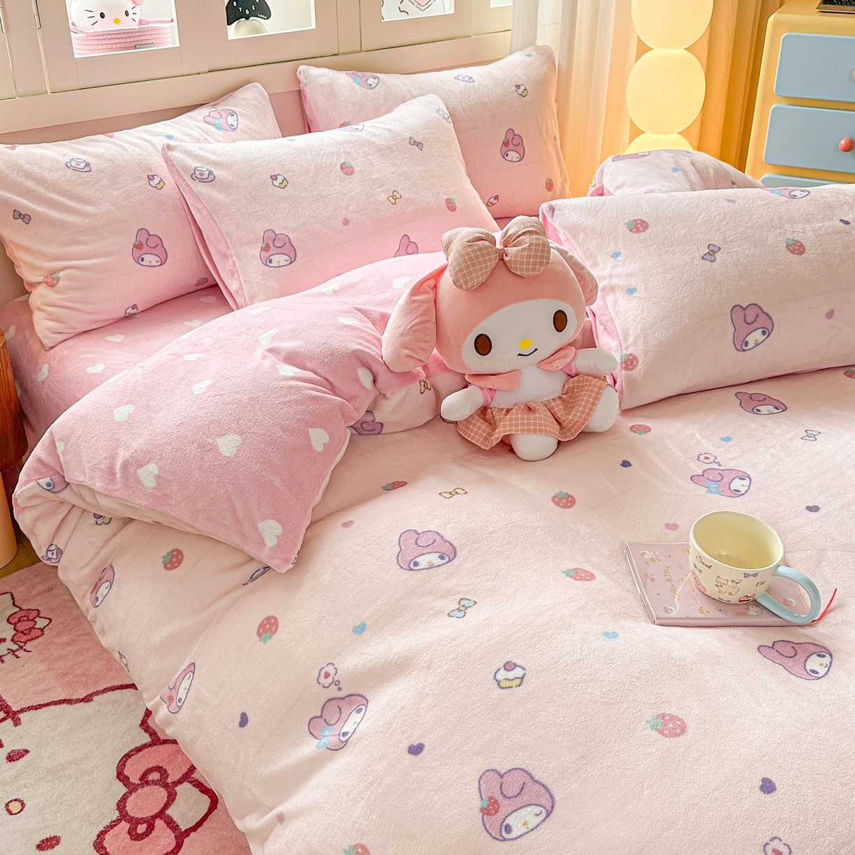 91家纺网 家纺一手货源 找家纺 博雅 2025新款三丽鸥正版授权高克重牛奶绒小版四件套提供买家秀 牛奶绒小版-下午茶美乐蒂