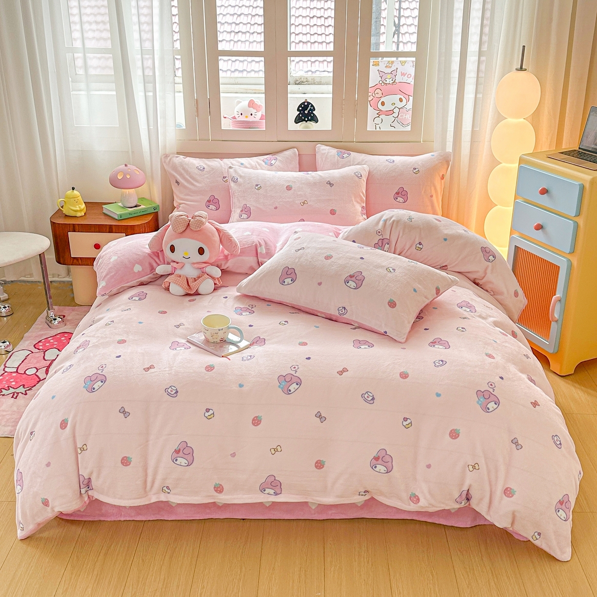 91家纺网 家纺一手货源 找家纺 博雅 2025新款三丽鸥正版授权高克重牛奶绒小版四件套提供买家秀 牛奶绒小版-下午茶美乐蒂