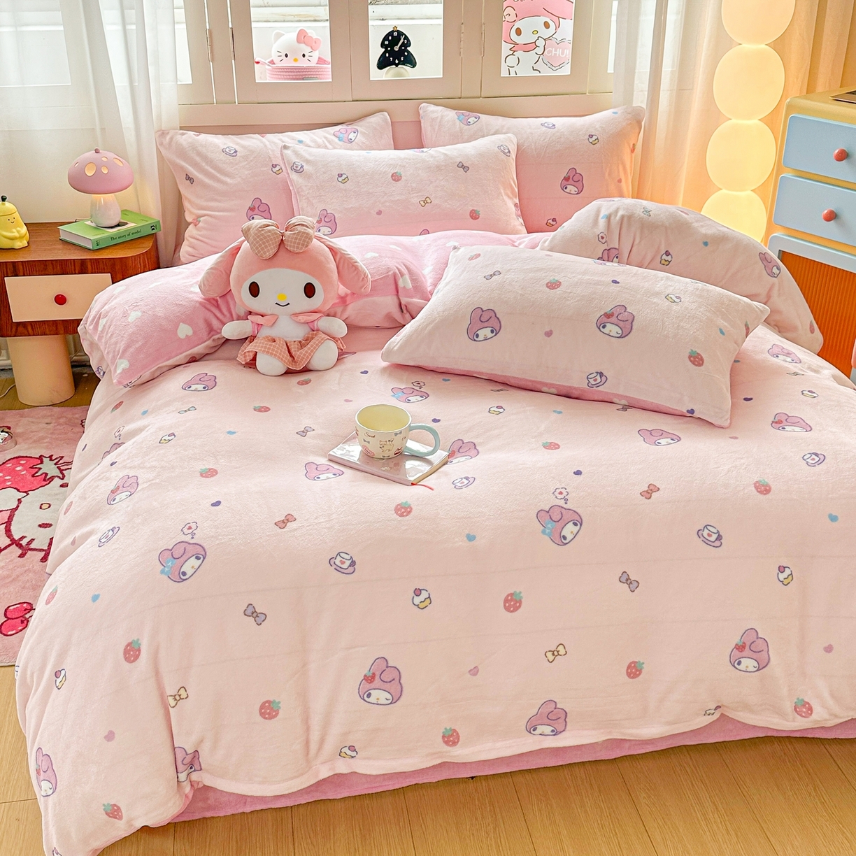 91家纺网 家纺一手货源 找家纺 博雅 2025新款三丽鸥正版授权高克重牛奶绒小版四件套提供买家秀 牛奶绒小版-下午茶美乐蒂