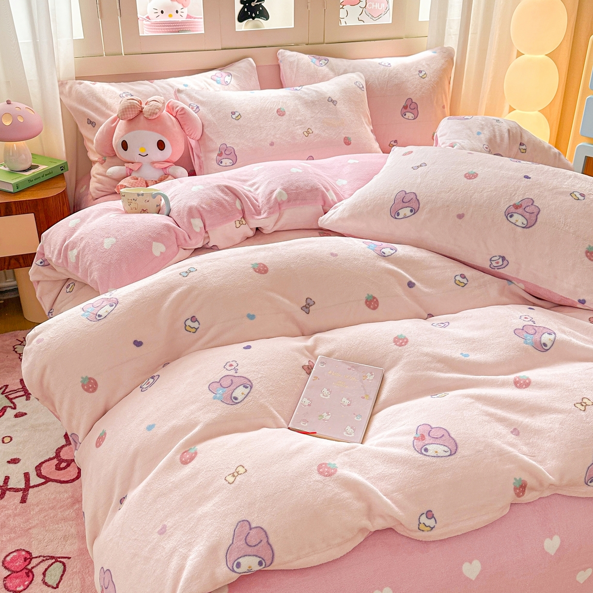 91家纺网 家纺一手货源 找家纺 博雅 2025新款三丽鸥正版授权高克重牛奶绒小版四件套提供买家秀 牛奶绒小版-下午茶美乐蒂