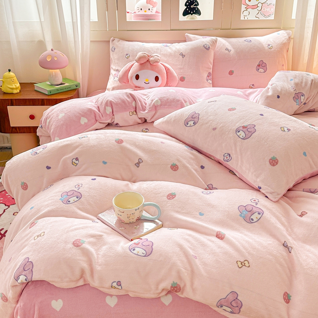 91家纺网 家纺一手货源 找家纺 博雅 2025新款三丽鸥正版授权高克重牛奶绒小版四件套提供买家秀 牛奶绒小版-下午茶美乐蒂