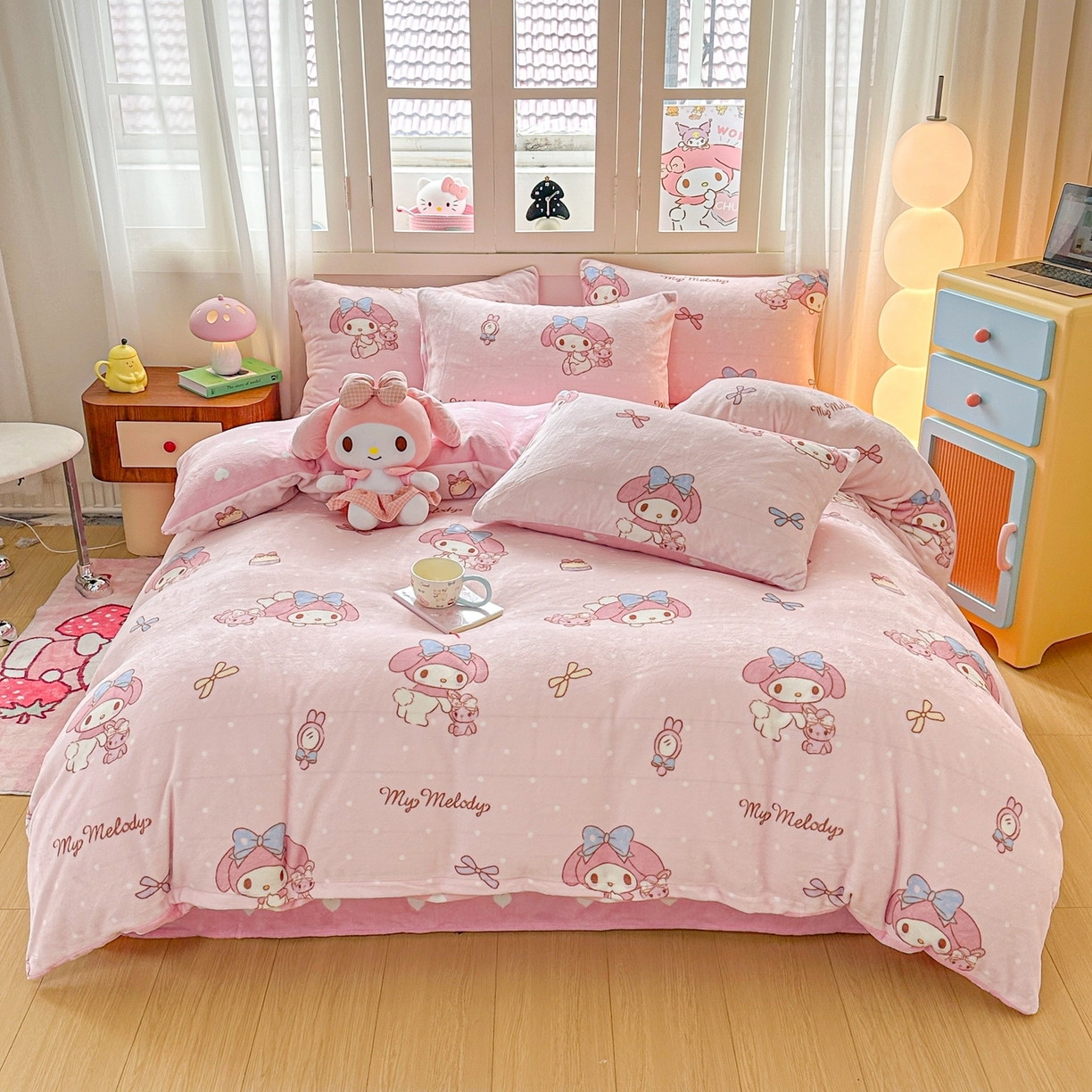 91家纺网 家纺一手货源 找家纺 博雅 2025新款三丽鸥正版授权高克重牛奶绒小版四件套提供买家秀 牛奶绒小版-小兔美乐蒂