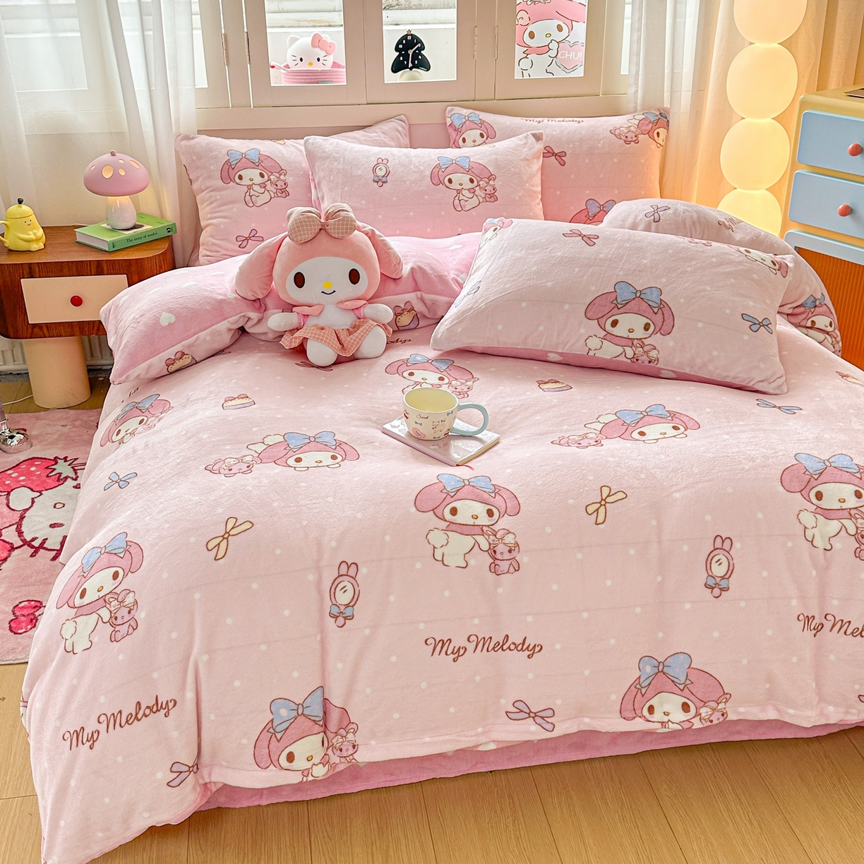 91家纺网 家纺一手货源 找家纺 博雅 2025新款三丽鸥正版授权高克重牛奶绒小版四件套提供买家秀 牛奶绒小版-小兔美乐蒂