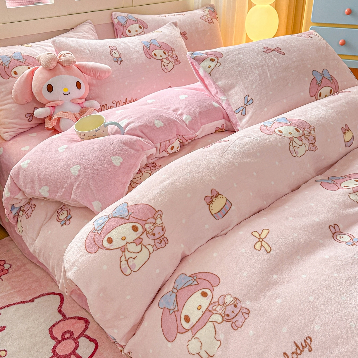 91家纺网 家纺一手货源 找家纺 博雅 2025新款三丽鸥正版授权高克重牛奶绒小版四件套提供买家秀 牛奶绒小版-小兔美乐蒂