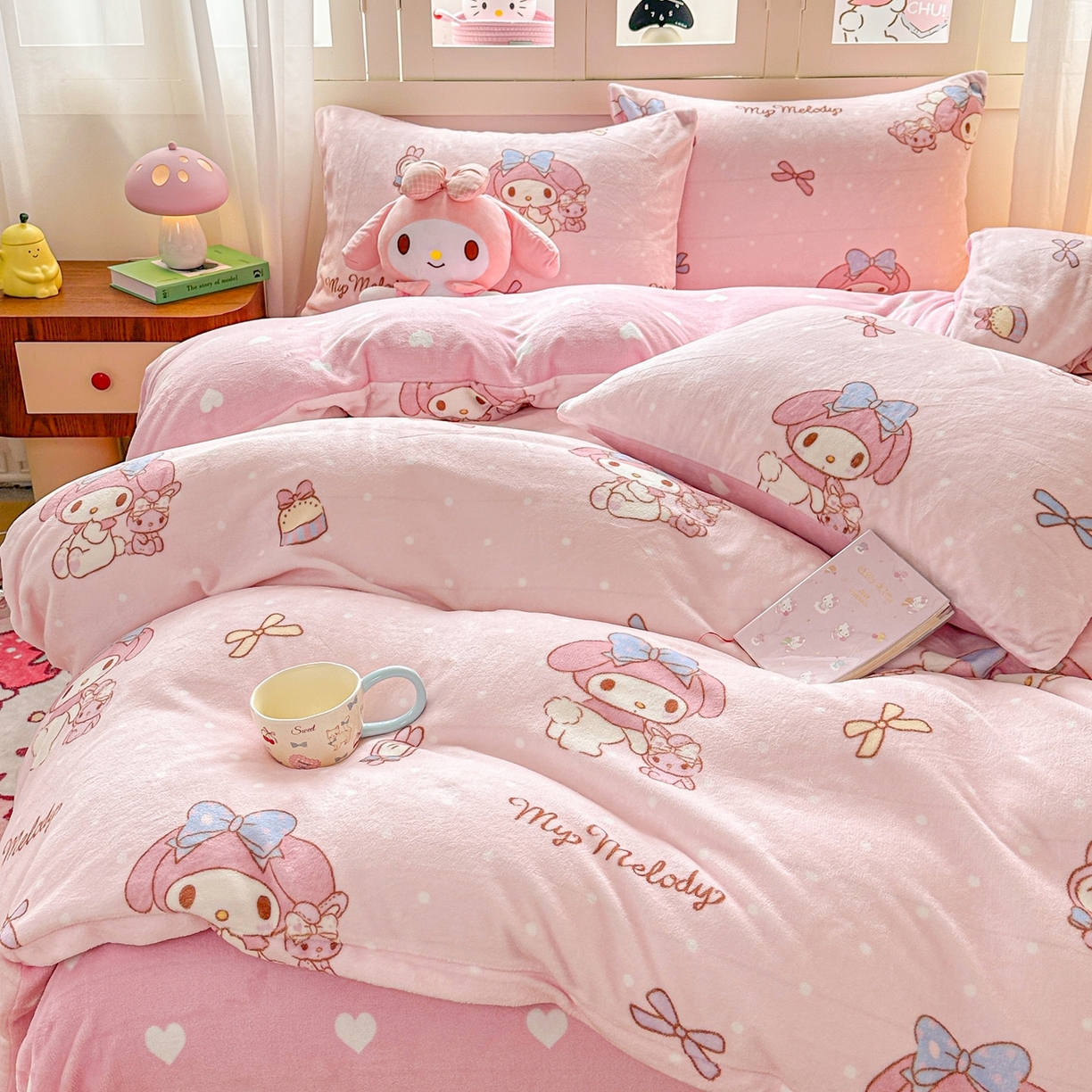 91家纺网 家纺一手货源 找家纺 博雅 2025新款三丽鸥正版授权高克重牛奶绒小版四件套提供买家秀 牛奶绒小版-小兔美乐蒂