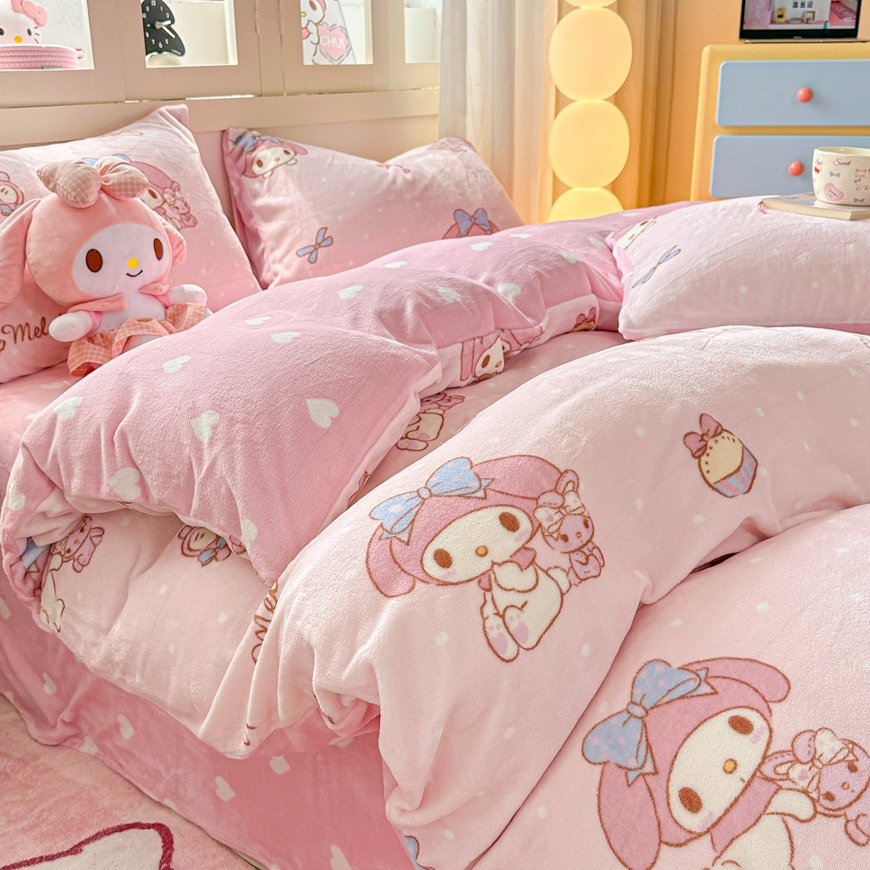 91家纺网 家纺一手货源 找家纺 博雅 2025新款三丽鸥正版授权高克重牛奶绒小版四件套提供买家秀 牛奶绒小版-小兔美乐蒂