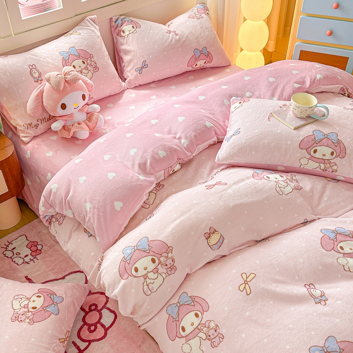 91家纺网 家纺一手货源 找家纺 博雅 2025新款三丽鸥正版授权高克重牛奶绒小版四件套提供买家秀 牛奶绒小版-小兔美乐蒂