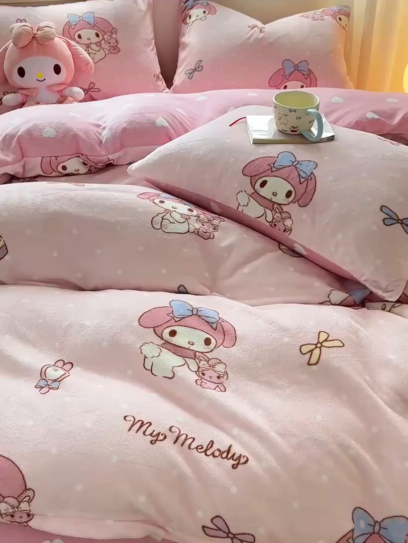 91家纺网 家纺一手货源 找家纺 博雅 2025新款三丽鸥正版授权高克重牛奶绒小版四件套提供买家秀 牛奶绒小版-小兔美乐蒂