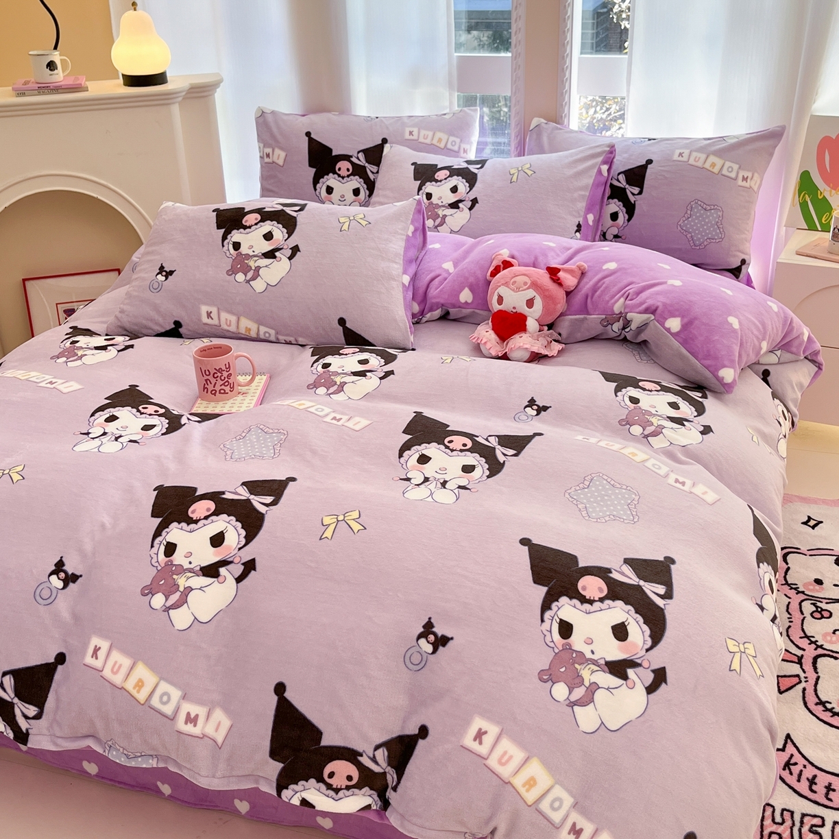 91家纺网 家纺一手货源 找家纺 博雅 2025新款三丽鸥正版授权高克重牛奶绒小版四件套提供买家秀 牛奶绒小版-星星库洛米