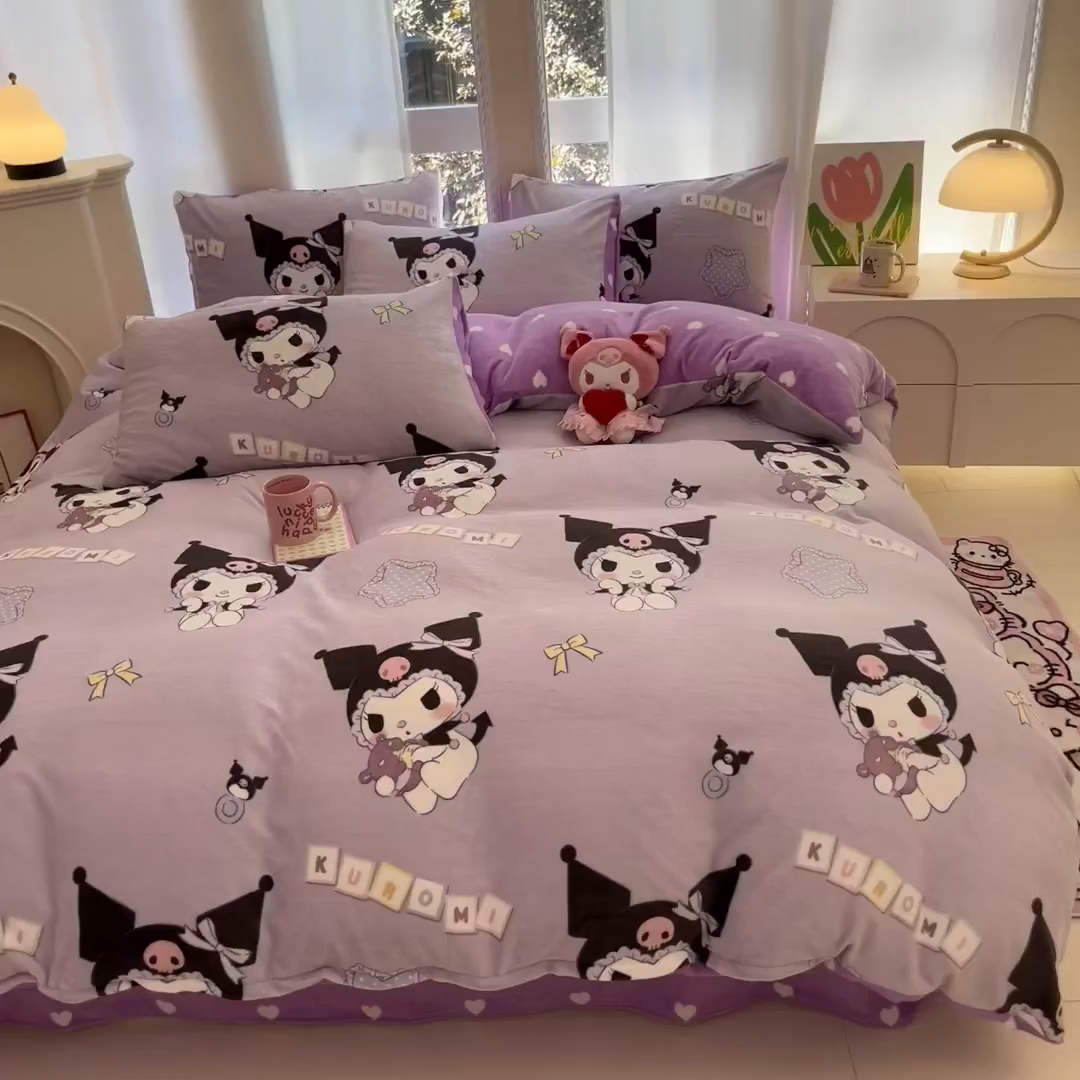 91家纺网 家纺一手货源 找家纺 博雅 2025新款三丽鸥正版授权高克重牛奶绒小版四件套提供买家秀 牛奶绒小版-星星库洛米