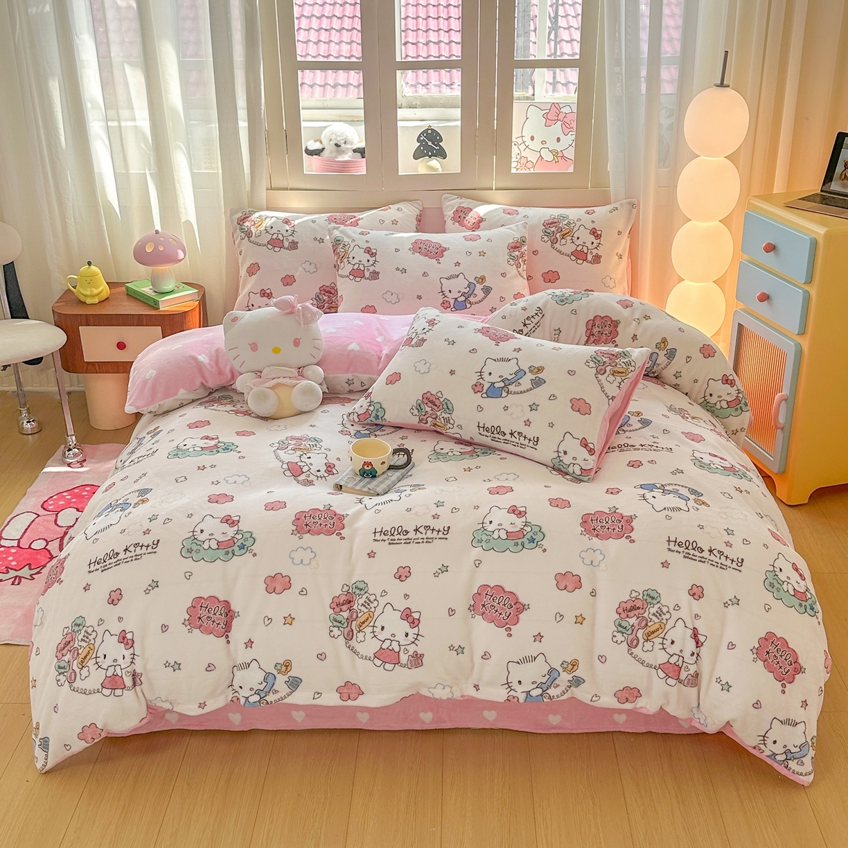 91家纺网 家纺一手货源 找家纺 博雅 2025新款三丽鸥正版授权高克重牛奶绒小版四件套提供买家秀 牛奶绒小版-幸福KT猫专版花型