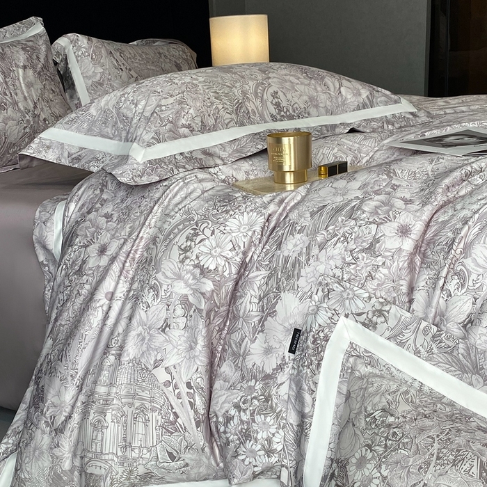 91家纺网 家纺一手货源 找家纺 南泉坊 2025新款长绒棉纯棉丝光工艺数码印花四件套 艾丽莎灰