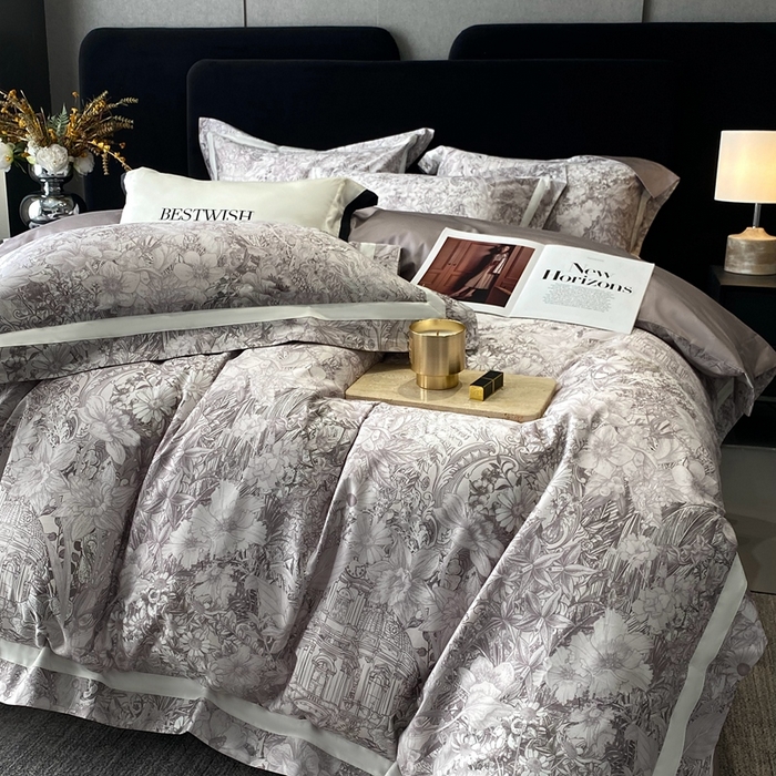 91家纺网 家纺一手货源 找家纺 南泉坊 2025新款长绒棉纯棉丝光工艺数码印花四件套 艾丽莎灰