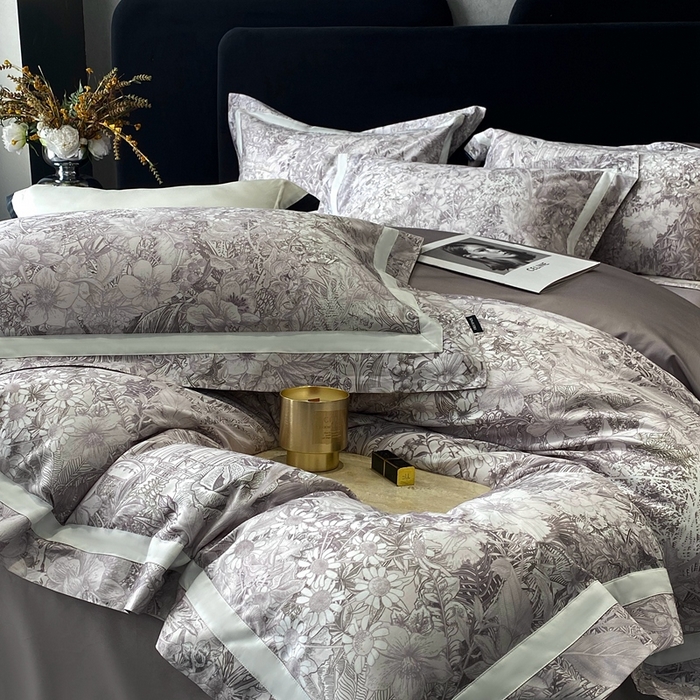 91家纺网 家纺一手货源 找家纺 南泉坊 2025新款长绒棉纯棉丝光工艺数码印花四件套 艾丽莎灰