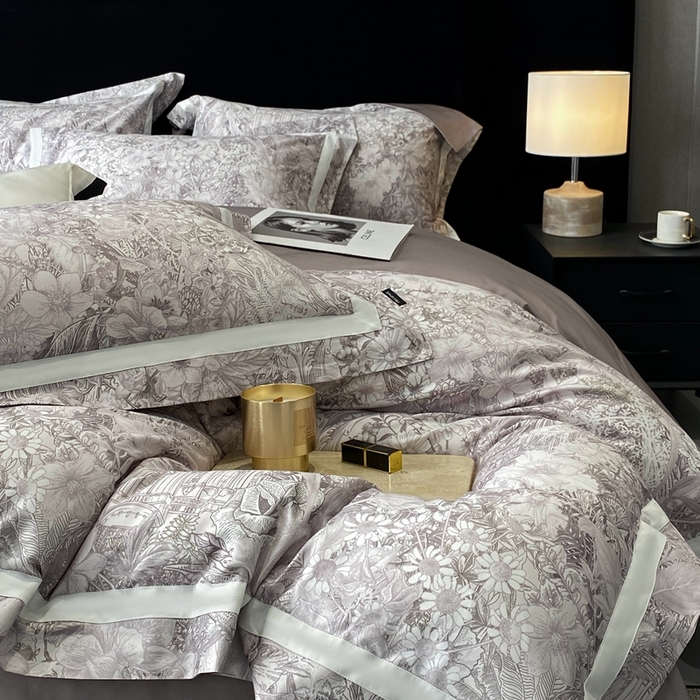 91家纺网 家纺一手货源 找家纺 南泉坊 2025新款长绒棉纯棉丝光工艺数码印花四件套 艾丽莎灰