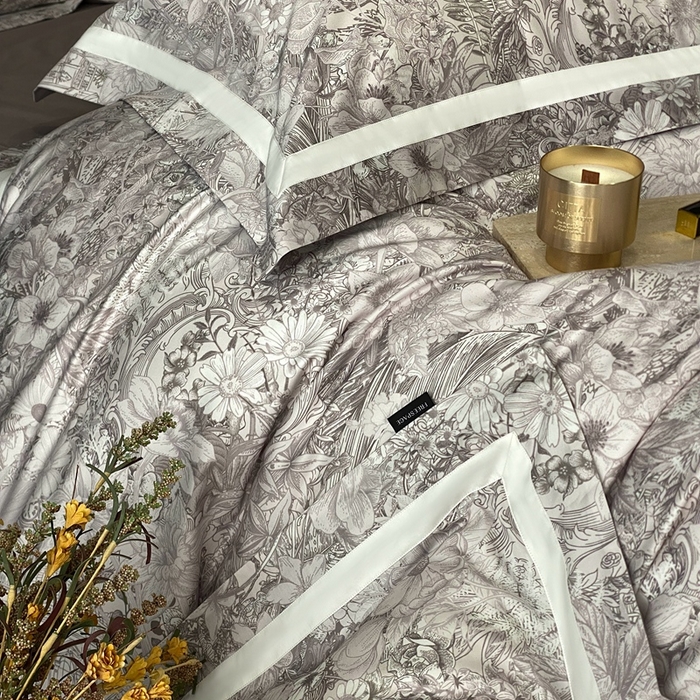 91家纺网 家纺一手货源 找家纺 南泉坊 2025新款长绒棉纯棉丝光工艺数码印花四件套 艾丽莎灰