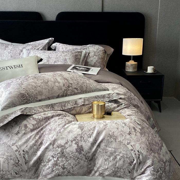 91家纺网 家纺一手货源 找家纺 南泉坊 2025新款长绒棉纯棉丝光工艺数码印花四件套 艾丽莎灰