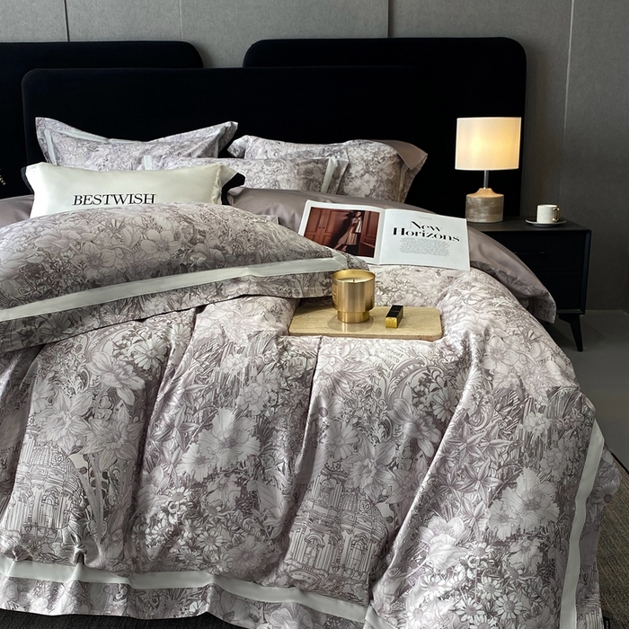 91家纺网 家纺一手货源 找家纺 南泉坊 2025新款长绒棉纯棉丝光工艺数码印花四件套 艾丽莎灰