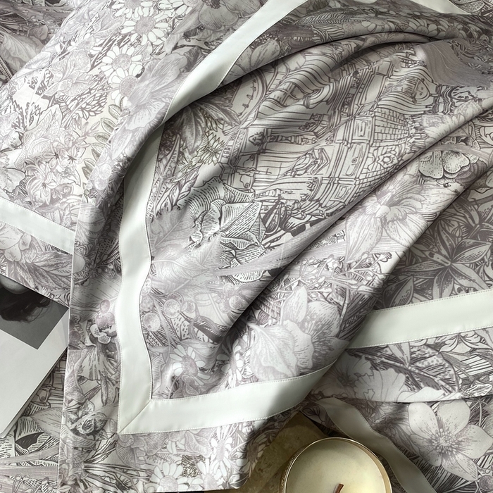 91家纺网 家纺一手货源 找家纺 南泉坊 2025新款长绒棉纯棉丝光工艺数码印花四件套 艾丽莎灰