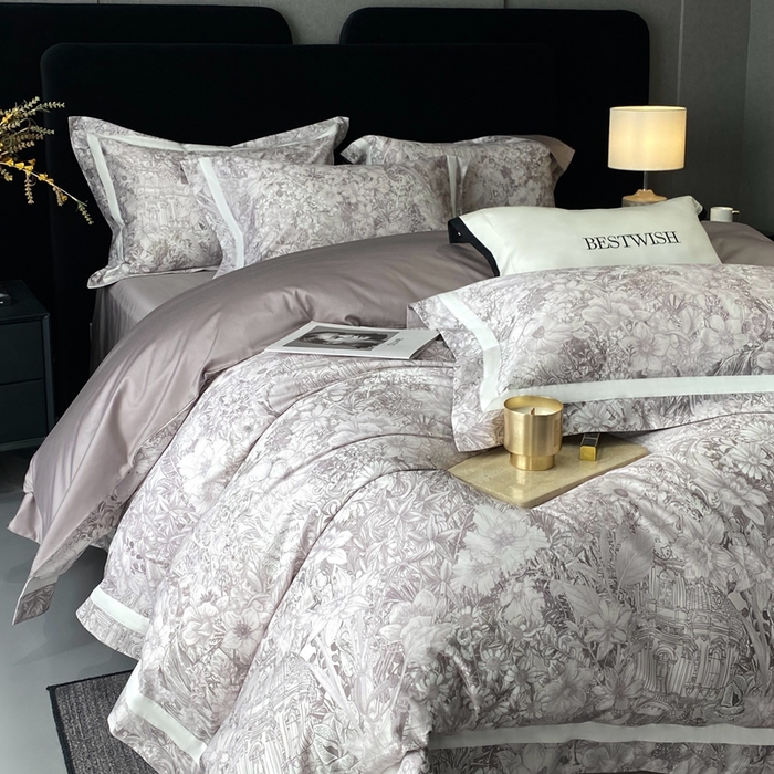 91家纺网 家纺一手货源 找家纺 南泉坊 2025新款长绒棉纯棉丝光工艺数码印花四件套 艾丽莎灰