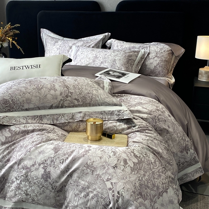 91家纺网 家纺一手货源 找家纺 南泉坊 2025新款长绒棉纯棉丝光工艺数码印花四件套 艾丽莎灰