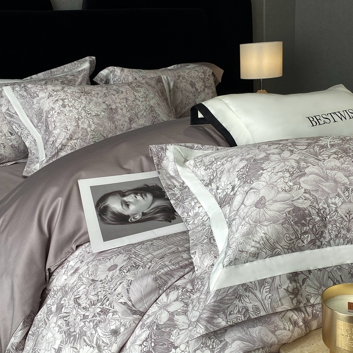 91家纺网 家纺一手货源 找家纺 南泉坊 2025新款长绒棉纯棉丝光工艺数码印花四件套 艾丽莎灰