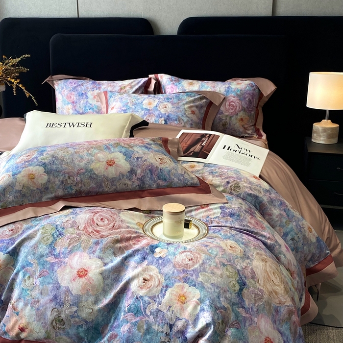 91家纺网 家纺一手货源 找家纺 南泉坊 2025新款长绒棉纯棉丝光工艺数码印花四件套 夏奇拉