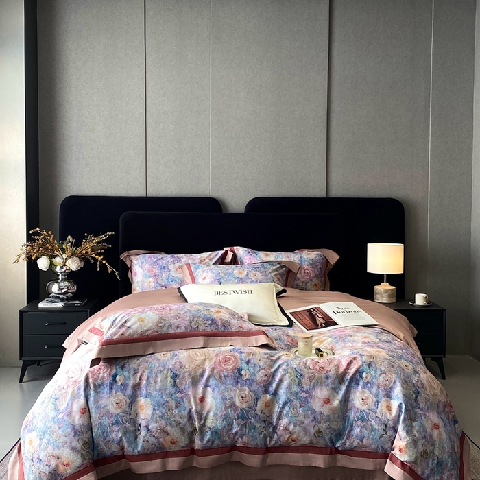 91家纺网 家纺一手货源 找家纺 南泉坊 2025新款长绒棉纯棉丝光工艺数码印花四件套 夏奇拉