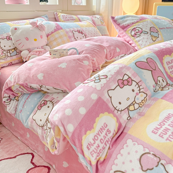 91家纺网 家纺一手货源 找家纺 （总）博雅 2025新款三丽鸥正版授权高克重牛奶绒小版四件套提供买家秀