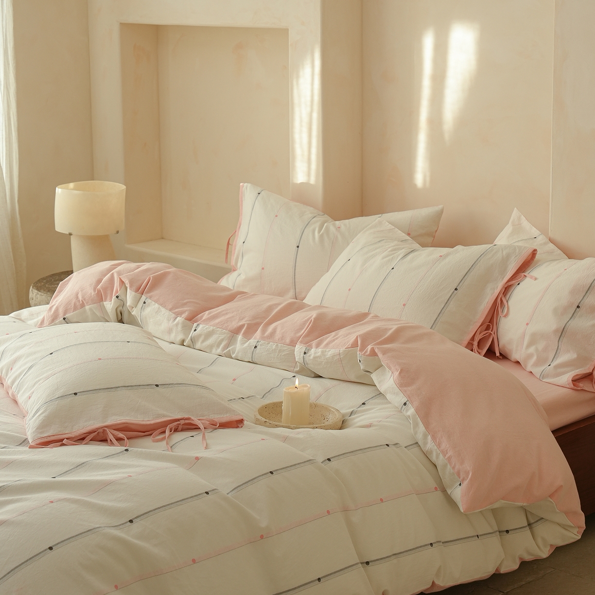 91家纺网 家纺一手货源 找家纺 寐居家纺 2025新款全棉A类60支水洗色织提花剪花四件套 糖豆豆-灰粉