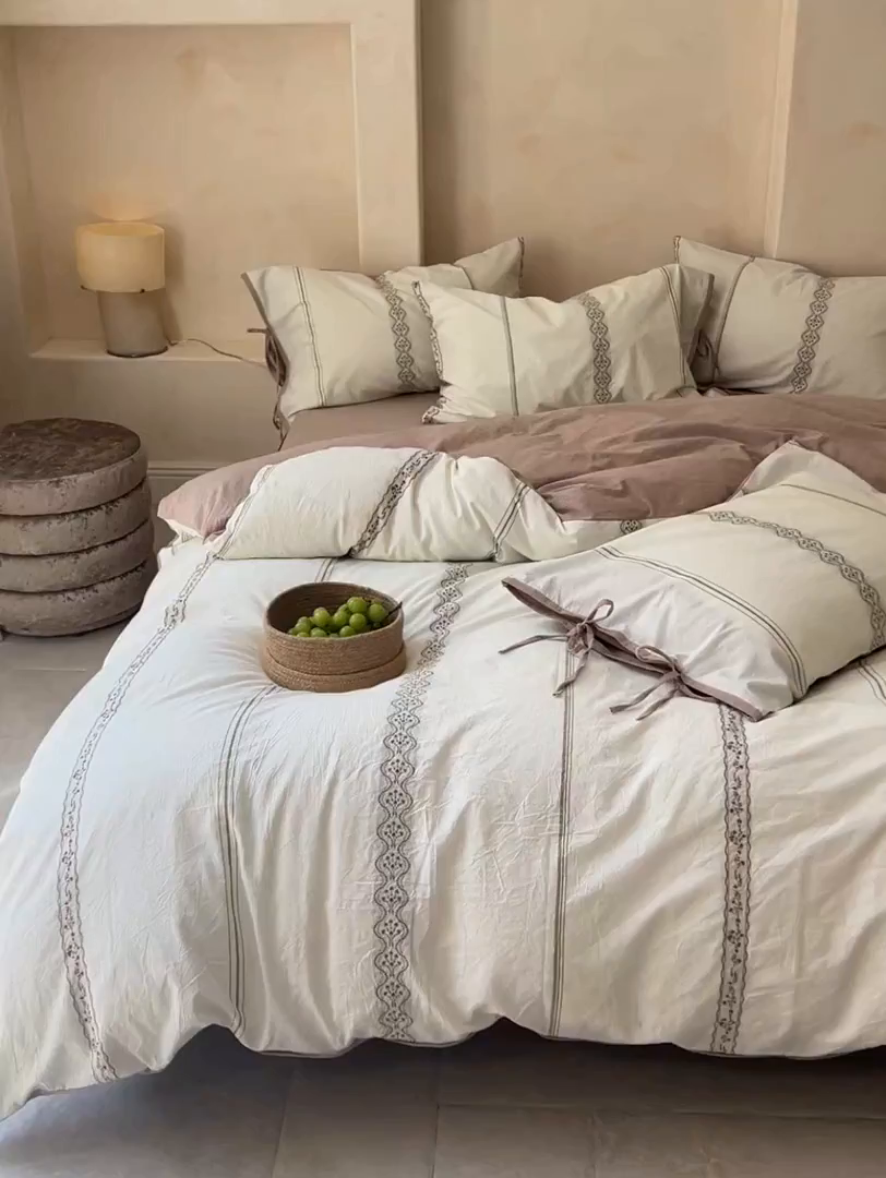 91家纺网 家纺一手货源 找家纺 寐居家纺 2025新款全棉A类60支水洗色织提花剪花四件套 繁花-绿咖