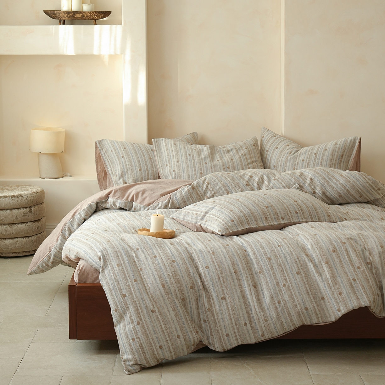 91家纺网 家纺一手货源 找家纺 寐居家纺 2025新款全棉A类60支水洗色织提花四件套 海盐波点-咖