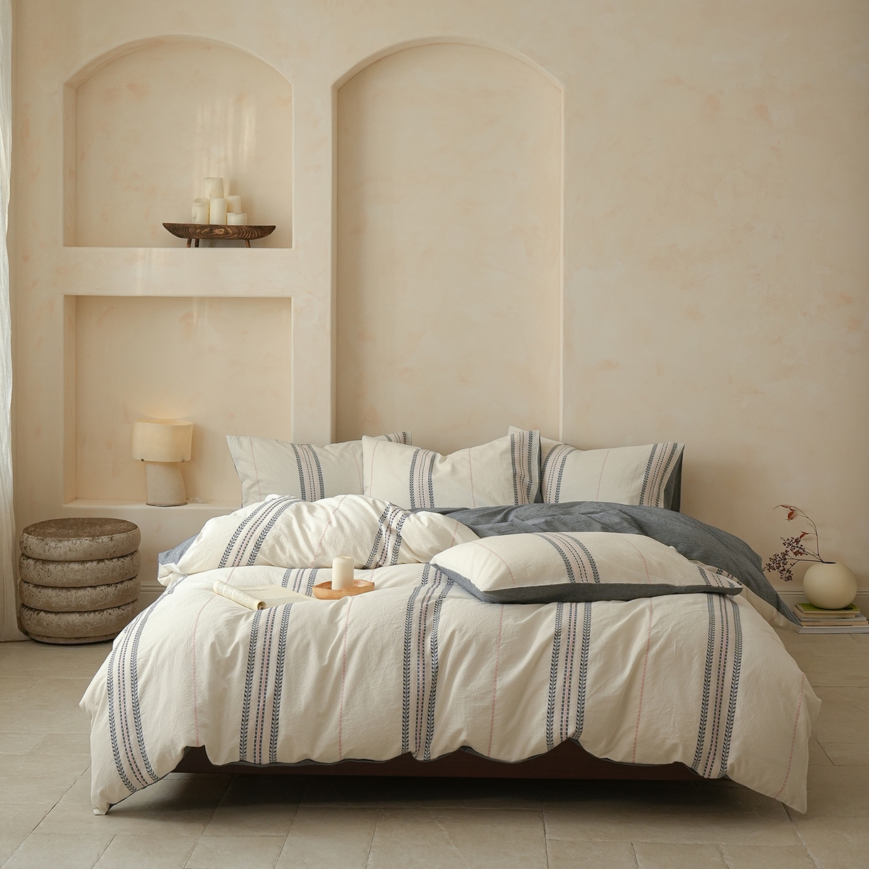 寐居家纺 2025新款全棉A类60支水洗色织提花四件套 秩序-灰粉