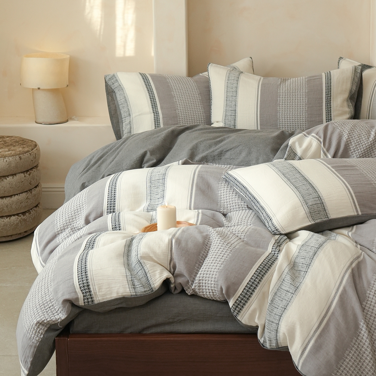 91家纺网 家纺一手货源 找家纺 寐居家纺 2025新款全棉A类60支水洗色织提花四件套 希尔薇-灰