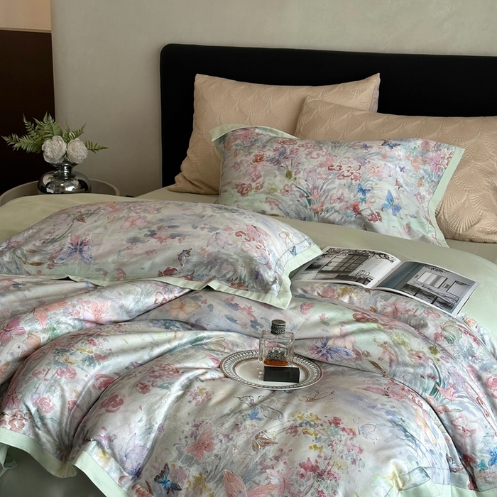 91家纺网 家纺一手货源 找家纺 南泉坊 2025新款长绒棉纯棉丝光工艺数码印花四件套 精灵花园