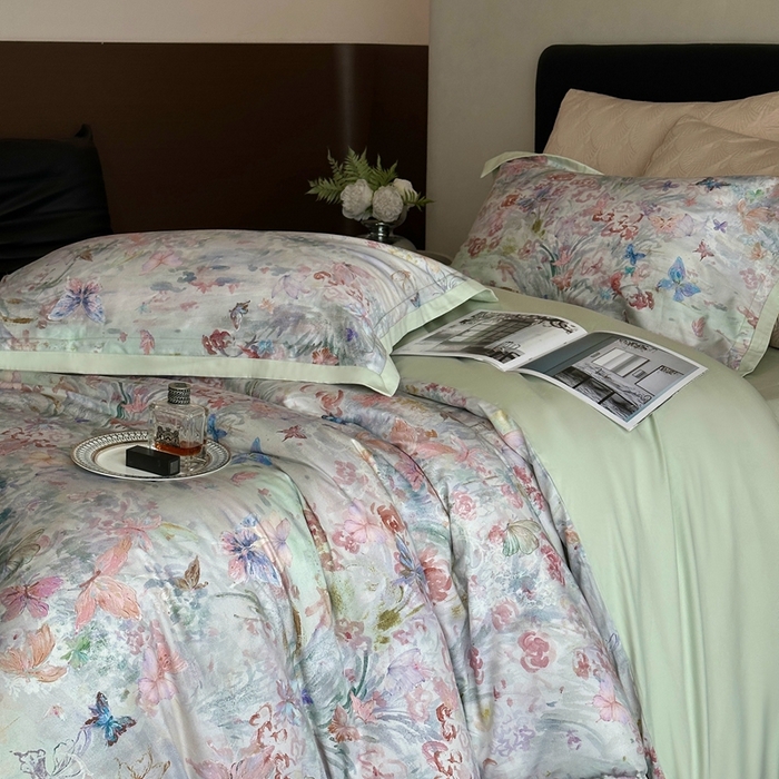 91家纺网 家纺一手货源 找家纺 南泉坊 2025新款长绒棉纯棉丝光工艺数码印花四件套 精灵花园