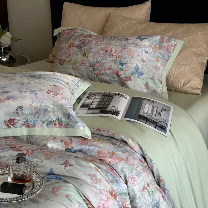 91家纺网 家纺一手货源 找家纺 南泉坊 2025新款长绒棉纯棉丝光工艺数码印花四件套 精灵花园