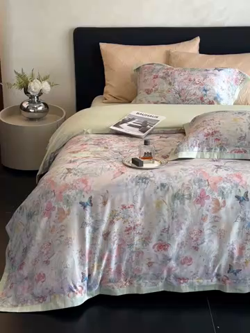 91家纺网 家纺一手货源 找家纺 南泉坊 2025新款长绒棉纯棉丝光工艺数码印花四件套 精灵花园