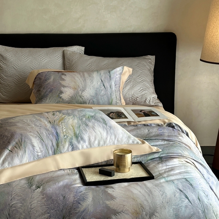 91家纺网 家纺一手货源 找家纺 南泉坊 2025新款长绒棉纯棉丝光工艺数码印花四件套 克洛伊米驼色