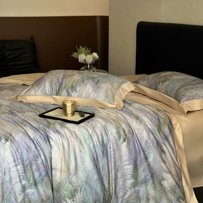 91家纺网 家纺一手货源 找家纺 南泉坊 2025新款长绒棉纯棉丝光工艺数码印花四件套 克洛伊米驼色