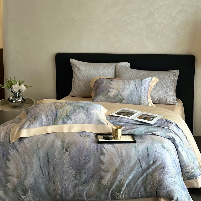 91家纺网 家纺一手货源 找家纺 南泉坊 2025新款长绒棉纯棉丝光工艺数码印花四件套 克洛伊米驼色