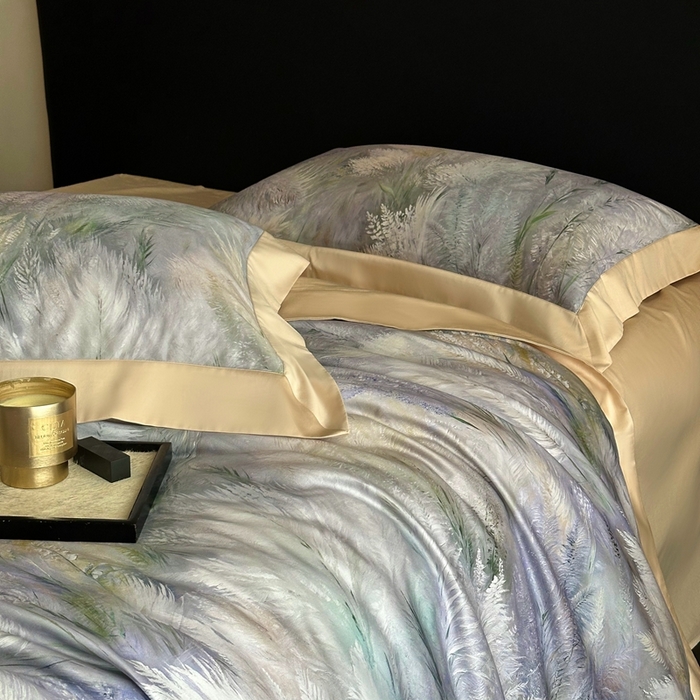 91家纺网 家纺一手货源 找家纺 南泉坊 2025新款长绒棉纯棉丝光工艺数码印花四件套 克洛伊米驼色