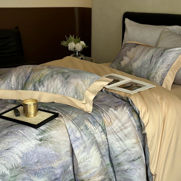 91家纺网 家纺一手货源 找家纺 南泉坊 2025新款长绒棉纯棉丝光工艺数码印花四件套 克洛伊米驼色