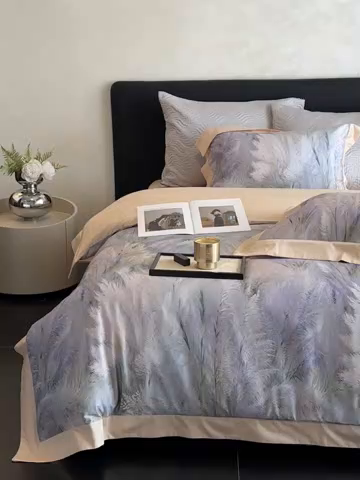 91家纺网 家纺一手货源 找家纺 南泉坊 2025新款长绒棉纯棉丝光工艺数码印花四件套 克洛伊米驼色